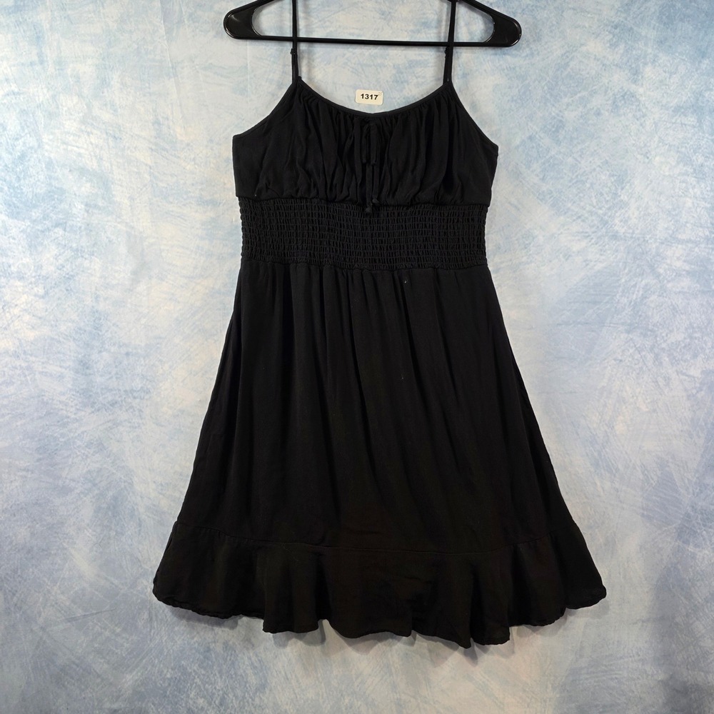 GB Womens Black Smocked Babydoll Mini Dress Ruffle‎ Hem Sleeveless Size M
